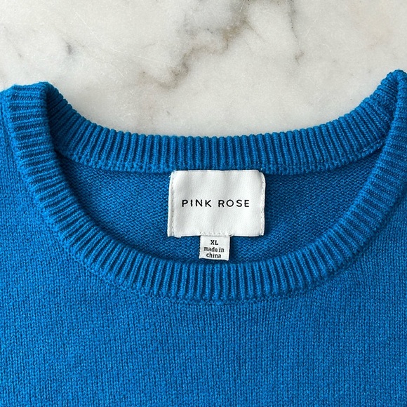 Pink Rose Puff Sleeve & Ribbed Hem Crew Neck Sweater Blue Sz M/L - Picture 3 of 13